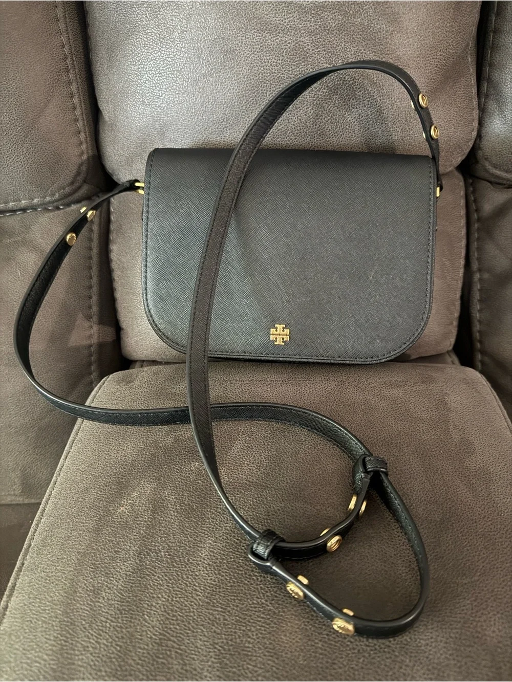 Tory Burch Black Leather Crossbody with Gold Logo